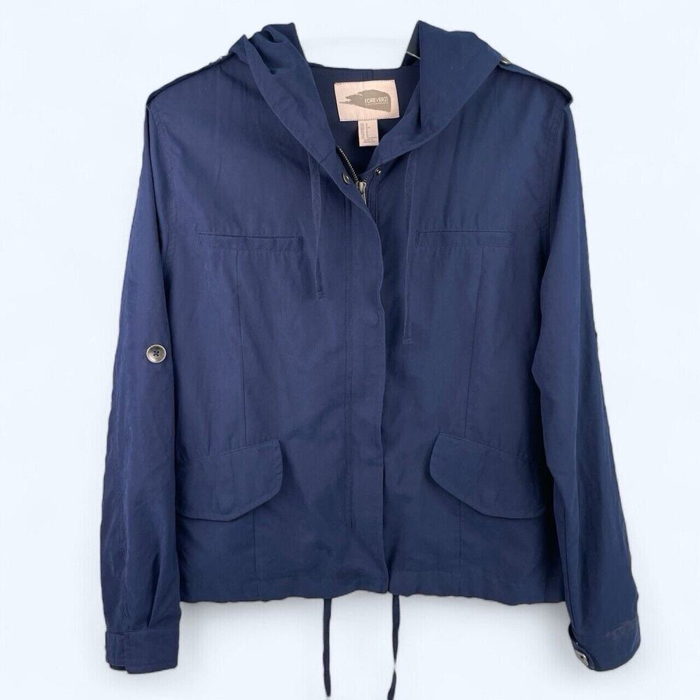 Forever 21 Short Lightweight Hooded Jacket Navy Blue sz Small